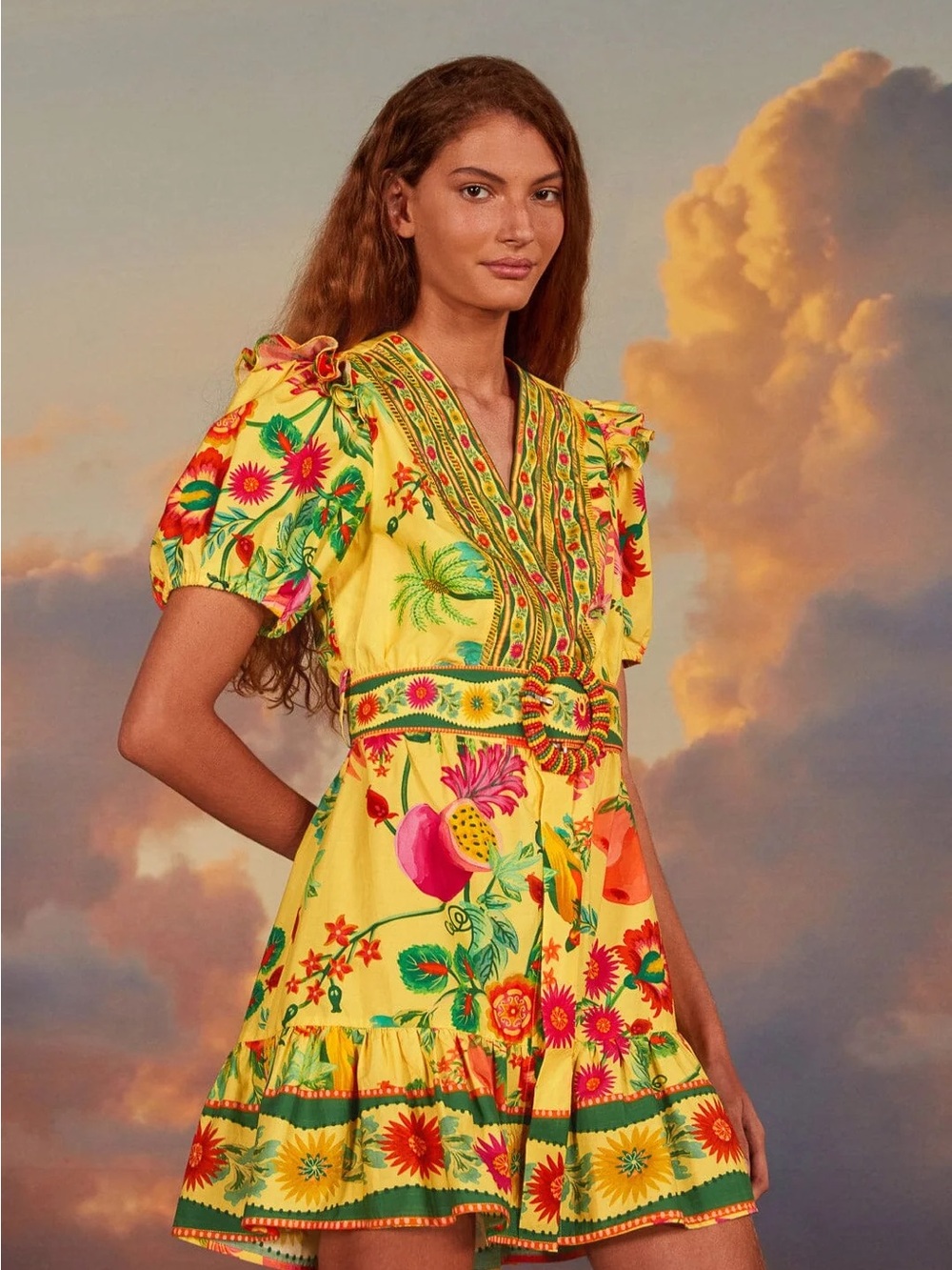 FARM Rio Yellow Delicate Fruit Garden Cotton Mini Dress size Small
